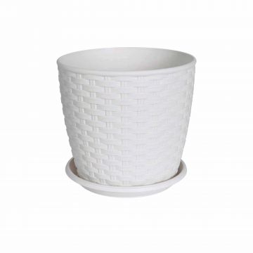 Ghiveci model Rattan cu farfurie 16 cm, nuanță alb