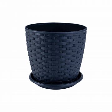 Ghiveci model Rattan cu farfurie 16 cm, nuanță Granit