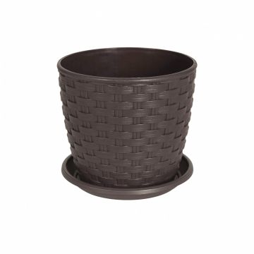 Ghiveci model Rattan cu farfurie 16 cm, nuanță Maro