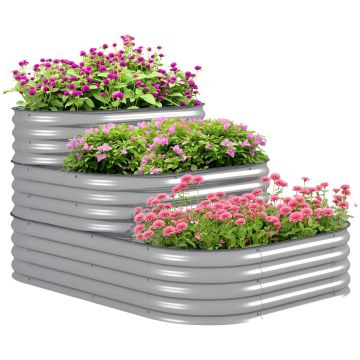 Outsunny Pat înalt cu trepte în aer liber, Cutie de plante pentru flori, 3 trepte, 158 cm x 109 cm x 82 cm, Argintiu | Aosom Romania