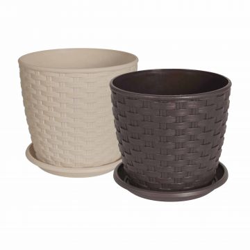 Set 2 Ghivece model Rattan cu farfurie 16 cm, culori Cocoa / Maro