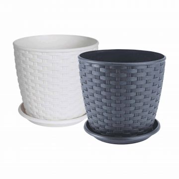 Set 2 Ghivece model Rattan cu farfurie 16 cm, culori Granit/ Alb/Rose